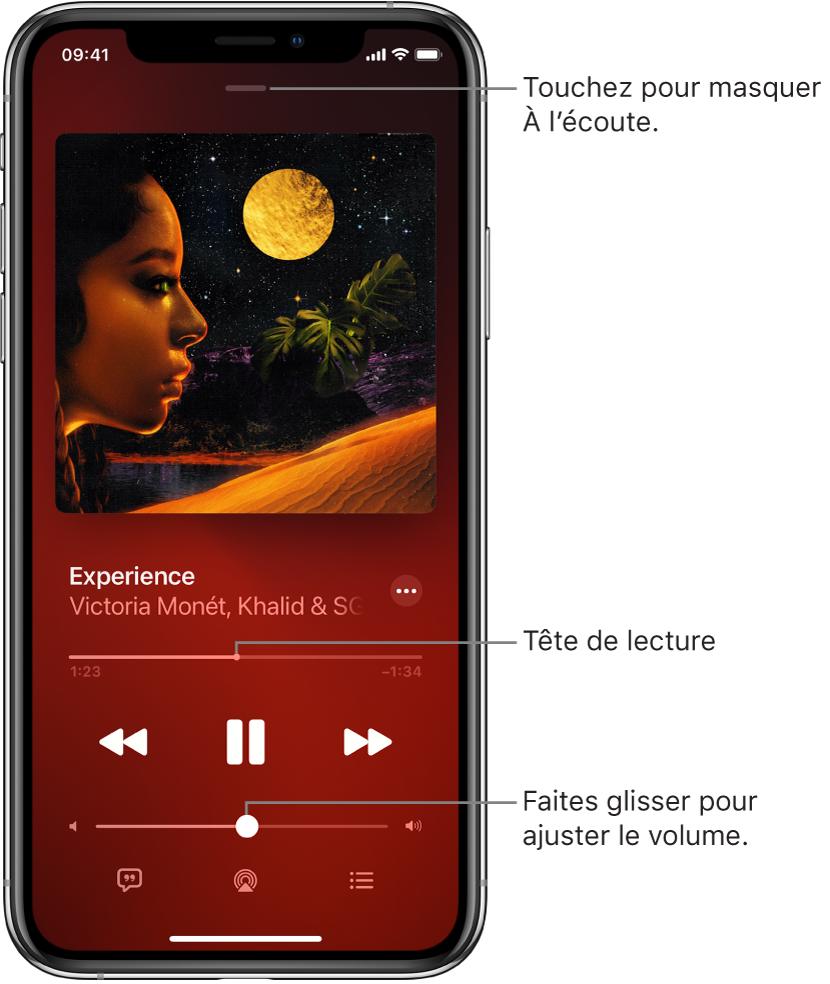 L’écran À l’écoute avec l’illustration de l’album. En dessous se trouvent le titre du morceau, le nom de l’artiste, le bouton Plus, la tête de lecture, les commandes de lecture, le curseur de volume, le bouton Paroles, le bouton « Destination pour la lecture » et le bouton « File d’attente ». Le bouton pour masquer À l’écoute se trouve en haut.