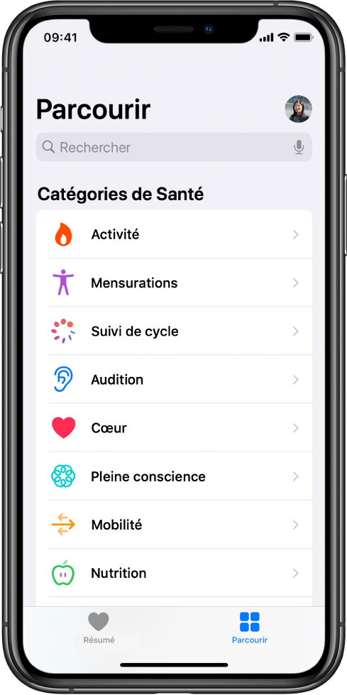 L’écran « Catégories de Santé » dans l’app Santé.