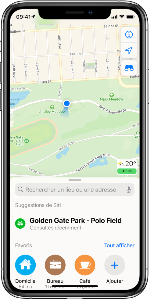 Plan d’un parc, et trois favoris affichés en bas de l’écran. Les favoris sont Domicile, Travail et Café.