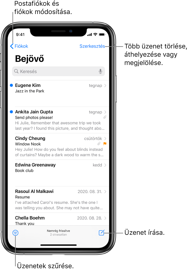 A Bejövő postafiók az e-mail üzenetek listájával. A másik postafiókra történő átváltáshoz használható Postafiókok gomb a bal felső sarokban található. Az e-mail üzenetek törlésére, áthelyezésére és megjelölésére szolgáló Szerkesztés gomb a jobb felső sarokban található. A bal alsó sarokban lévő gombbal szűrheti az e-mail-üzeneteket, hogy csak meghatározott típusú e-mailek jelenjenek meg. Az új e-mail üzenet írására szolgáló gomb a jobb alsó sarokban található.