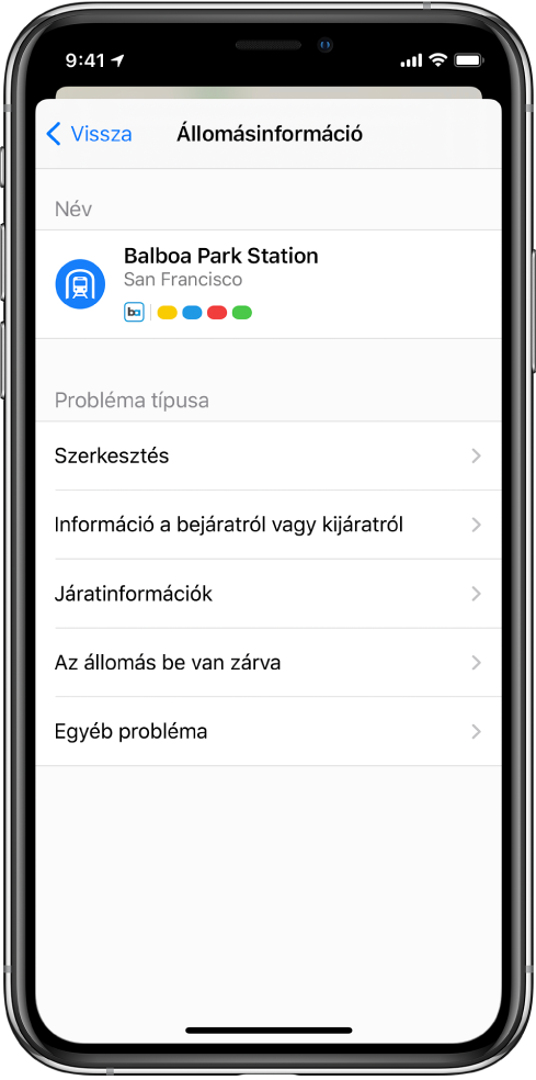 Egy tömegközlekedési állomás helytelen információinak bejelentése. A következő problématípusok bejelentése lehetséges: szerkesztés, információ a bejáratról vagy kijáratról, járatinformációk, bezárt állomás és egyéb probléma.