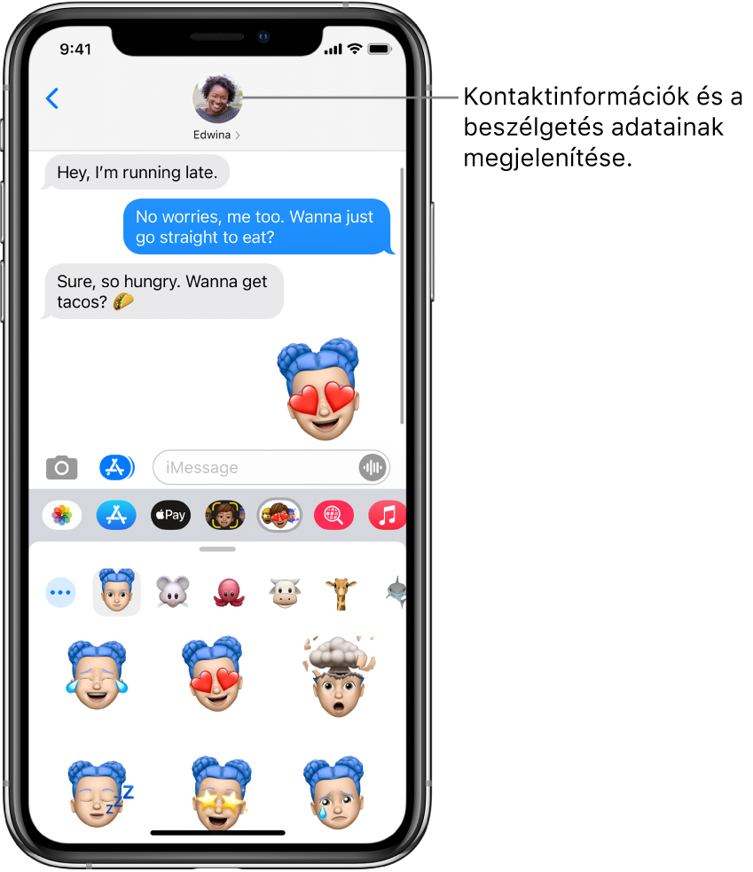 Egy beszélgetés az Üzenetekben. Fent (balról jobbra) a Vissza gomb és annak a személynek a fényképe látható, akivel üzeneteket vált. Középen láthatók a beszélgetés során küldött és fogadott üzenetek. Alul (balról jobbra) a Fotók, az Üzletek, az Apple Pay, a Memoji, a Hashtagelt képek, a Zene és a Digital Touch gombok láthatók.