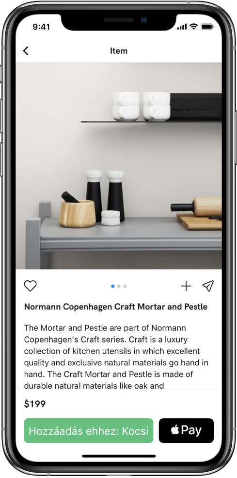 Egy alkalmazás a fizetési képernyővel, amelyen a Fizetés Apple Pay használatával gomb látható.