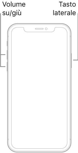 Un'illustrazione di un modello di iPhone senza tasto Home con lo schermo rivolto verso l'alto. I tasti per alzare e abbassare il volume sono sul lato sinistro del dispositivo, mentre il tasto laterale è sul lato destro.