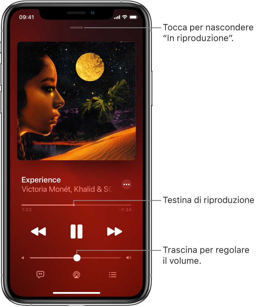 Schermata “In riproduzione” che mostra l'illustrazione dell'album. Sotto sono mostrati il titolo del brano, il nome dell'artista, il pulsante Altro, la testina di riproduzione, i controlli di riproduzione, il cursore del volume, il pulsante Testi, il pulsante “Destinazione di riproduzione” e il pulsante “In coda”. In alto è presente il pulsante “Nascondi In riproduzione”.