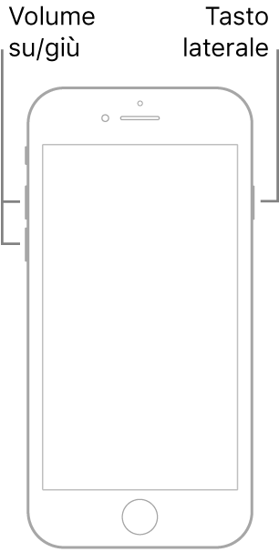 Un'illustrazione di un modello di iPhone con tasto Home con lo schermo rivolto verso l'alto. I tasti per alzare e abbassare il volume sono sul lato sinistro del dispositivo, mentre il tasto laterale è sul lato destro.