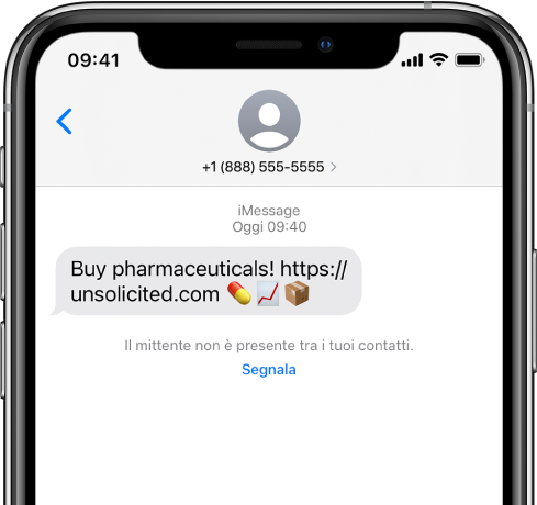 Una conversazione iMessage con un messaggio di spam e un link Segnala sotto di esso.