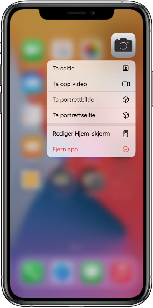 Hjem-skjermen er uskarp, og hurtigmenyen for Kamera vises under Kamera-appen.