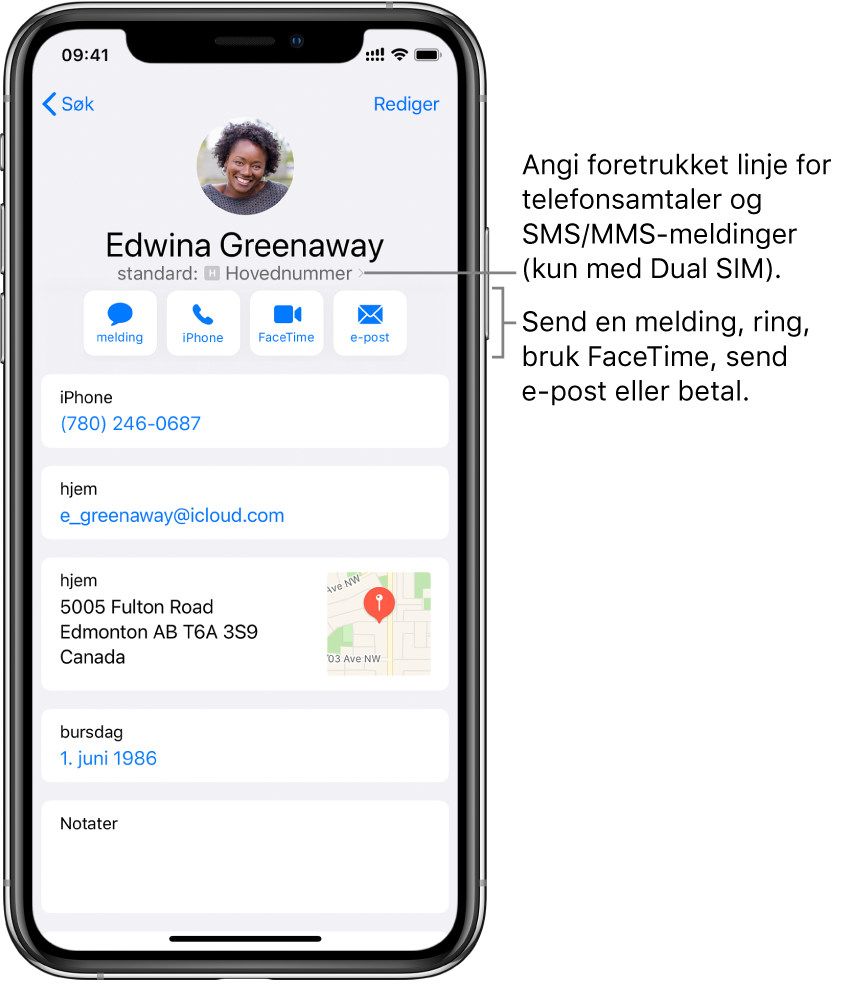 Infoskjermen for en kontakt. Kontaktens bilde og navn er øverst. Under finnes knapper for å sende en melding, starte et telefonanrop, starte et FaceTime-anrop, sende en e-postmelding og sende penger med Apple Pay. Under knappene er kontaktinformasjonen.