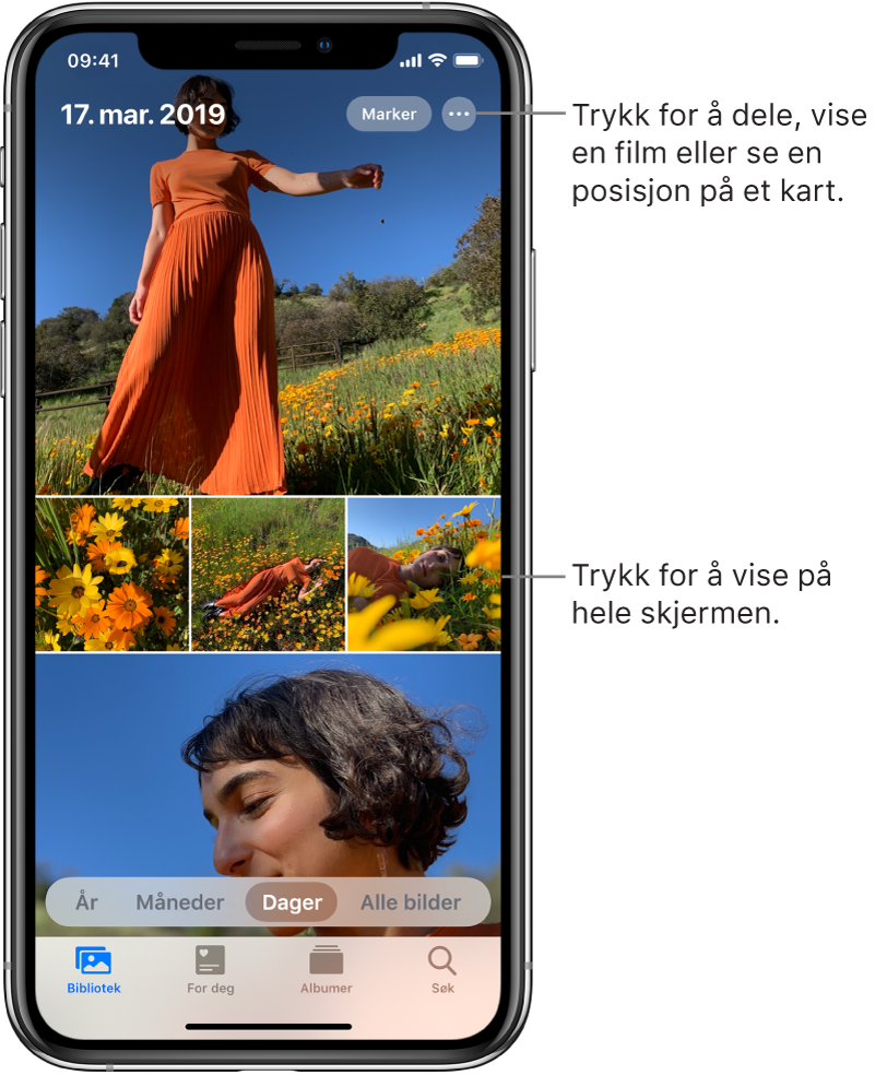 Bildebiblioteket i Dager-visning. Et utvalg av miniatyrbilder fyller skjermen. Øverst til venstre på skjermen vises datoen og posisjonen hvor bildene ble tatt. Øverst til høyre vises knappene Velg og Flere valg for å dele bilder og se detaljer. Under miniatyrbildene er det alternativer for å vise bildebiblioteket etter År, Måneder, Dager og Alle bilder. Langs bunnen er fanene Bibliotek, For deg, Albumer og Søk.