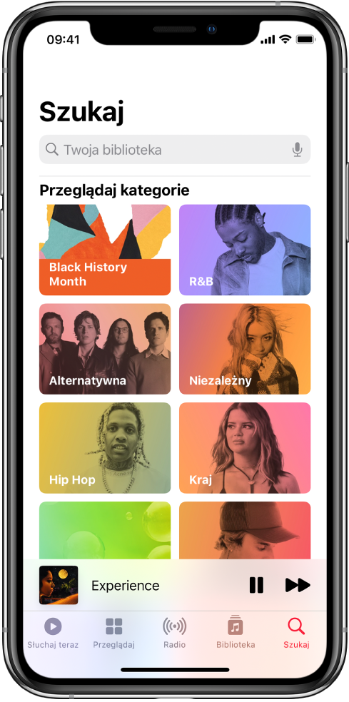 Ekran wyszukiwania. U góry ekranu widoczne jest pole wyszukiwania. Poniżej znajduje się sekcja Przeglądaj kategorie. Zawiera ona osiem kategorii.