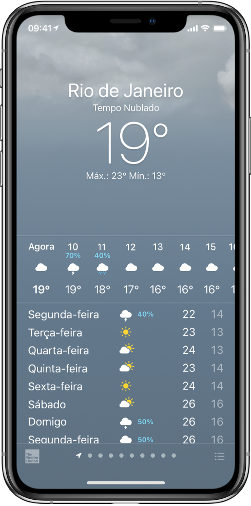 Tela do Tempo mostrando, de cima para baixo: localização, aviso de tempestade severa, temperatura atual, temperaturas máxima e mínima do dia e um gráfico que mostra os níveis de precipitação da próxima hora. Na parte inferior da tela, a previsão horária seguida de uma linha de pontos que mostra quantos lugares há na lista de lugares. No canto inferior direito encontra-se o botão Editar Cidades.