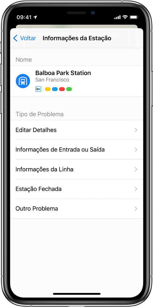 Uma tela para comunicar informações incorretas sobre uma estação de transporte público. Os tipos de problemas disponíveis para comunicar são “Editar Detalhes”, “Informações de Entrada ou Saída”, “Informações da Linha”, “Estação Fechada” e “Outro Problema”.
