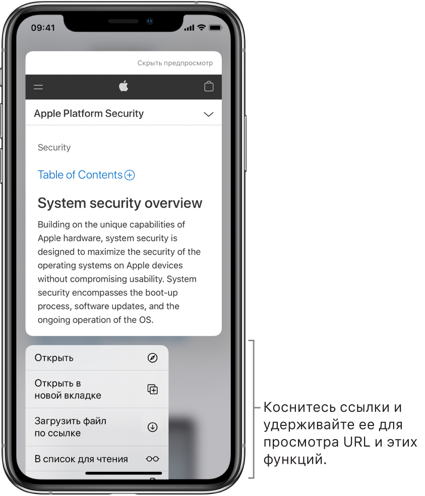 В окне показано предварительное изображение URL-адреса места назначения и список доступных действий: «Открыть», «Добавить в Список для чтения», «Добавить в Фото», «Скопировать» и «Поделиться».