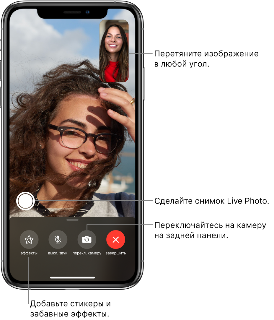 Экран FaceTime, на котором отображается активный вызов. Вид с Вашей камеры отображается в небольшом прямоугольнике в правом верхнем углу, а вид с камеры собеседника заполняет остальную часть экрана. Вдоль нижнего края экрана расположены кнопки эффектов, отключения звука, переключения камеры и завершения вызова. Над ними отображается кнопка для снимка Live Photo.