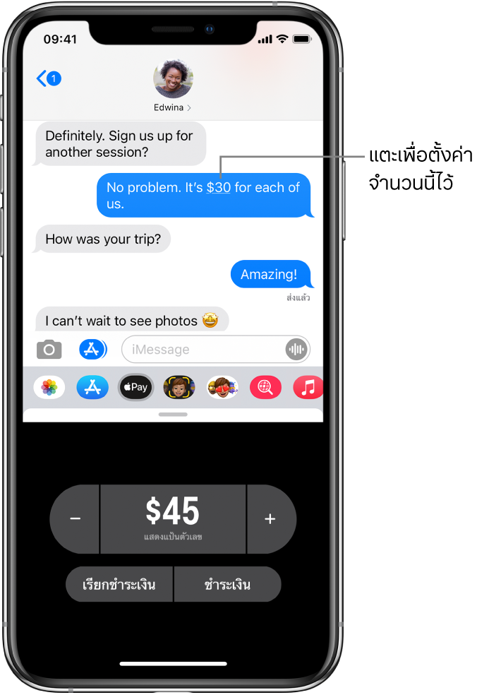 บทสนทนา iMessage ที่มีแอพ Apple Pay เปิดอยู่ด้านล่างสุด