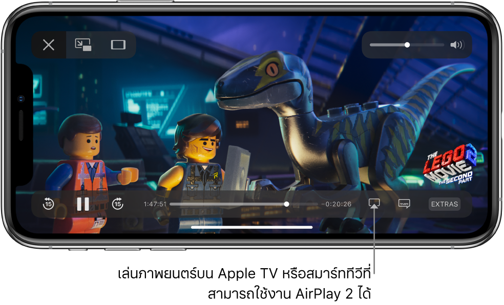 ภาพยนตร์ที่เล่นบนหน้าจอ iPhone ที่ด้านล่างสุดของหน้าจอคือตัวควบคุมการเล่น รวมถึงปุ่มการสะท้อนภาพหน้าจอบริเวณด้านขวาล่างสุด