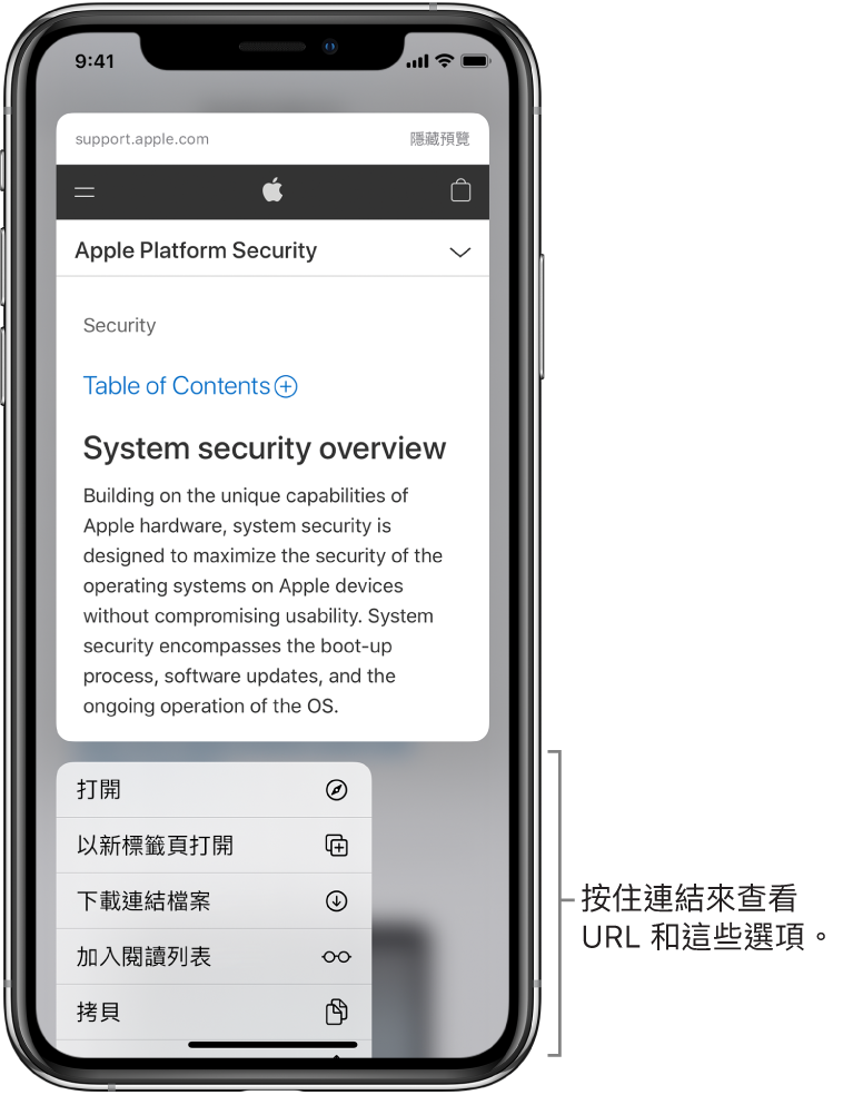 覆疊效果顯示目標 URL 的預覽,接著可能的動作列表:「開啟」、「加入閱讀列表」、「加入照片」、「拷貝」和「分享」。
