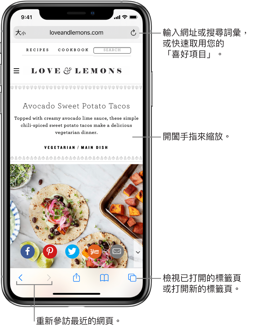 Safari 中打開網站,網址欄位在最上方。底部由左至右依序為「往後」、「往前」、「分享」、「書籤」和「頁面」按鈕。