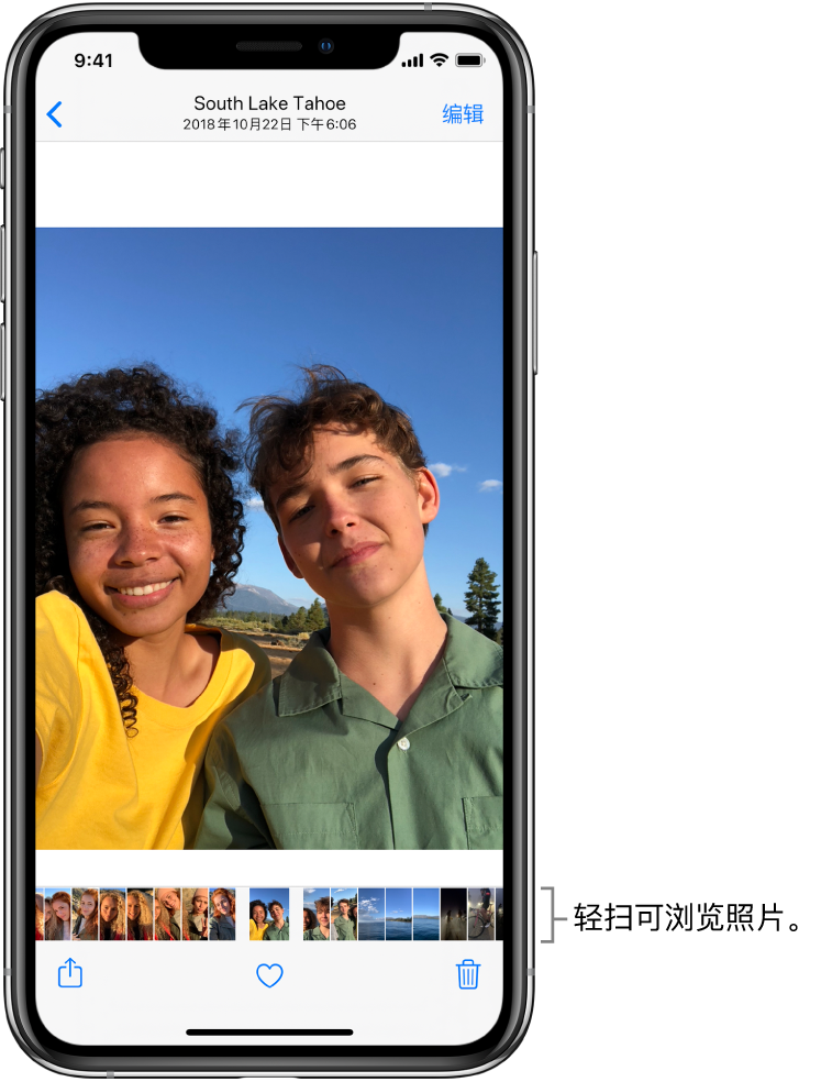 一张照片,屏幕底部包含其他照片的缩略图。左上方是返回按钮,可带您返回当时正在浏览的视图。底部是“共享”、“赞”和“删除”按钮。右上方是“编辑”按钮。