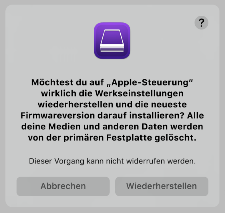 Der Hinweis, der Benutzern angezeigt wird, wenn ein Apple-Computer in Kürze mit Apple Configurator 2 wiederhergestellt wird.