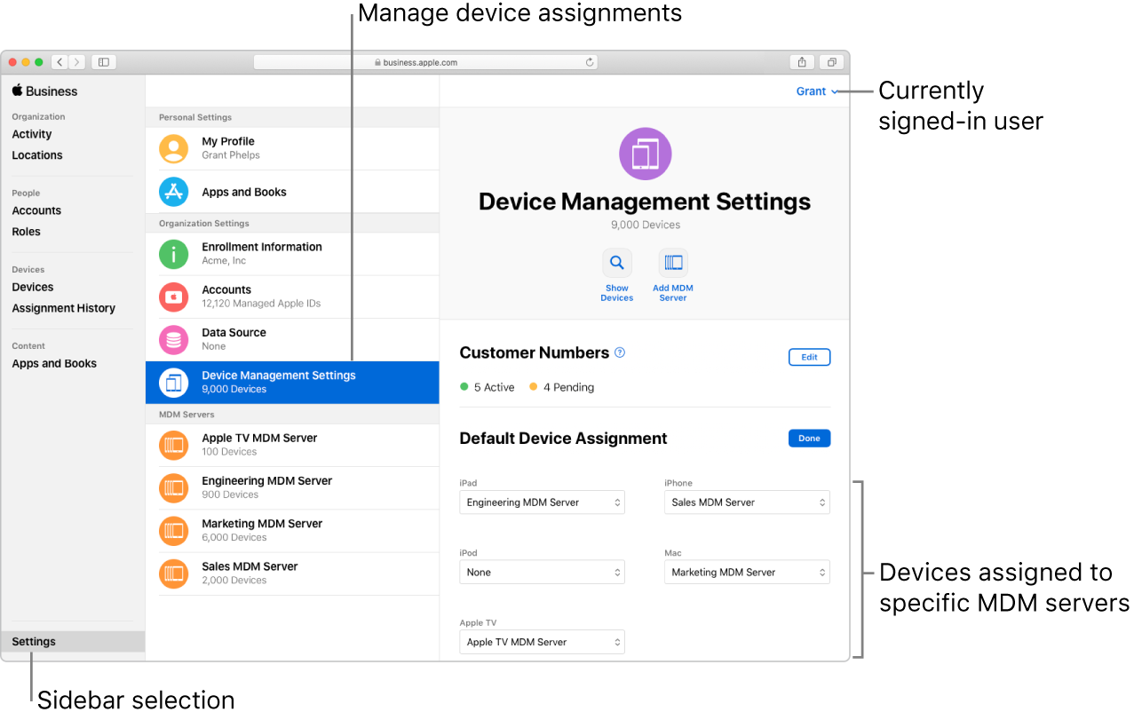The Apple Business Manager window, with Settings selected in the sidebar. The selected Device Management organization setting opens to a pane for setting default device assignments.