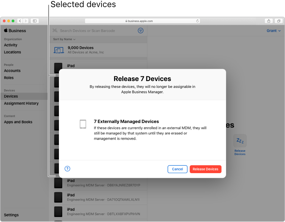 Boîte de dialogue permettant la révocation des appareils dans Apple Business Manager.