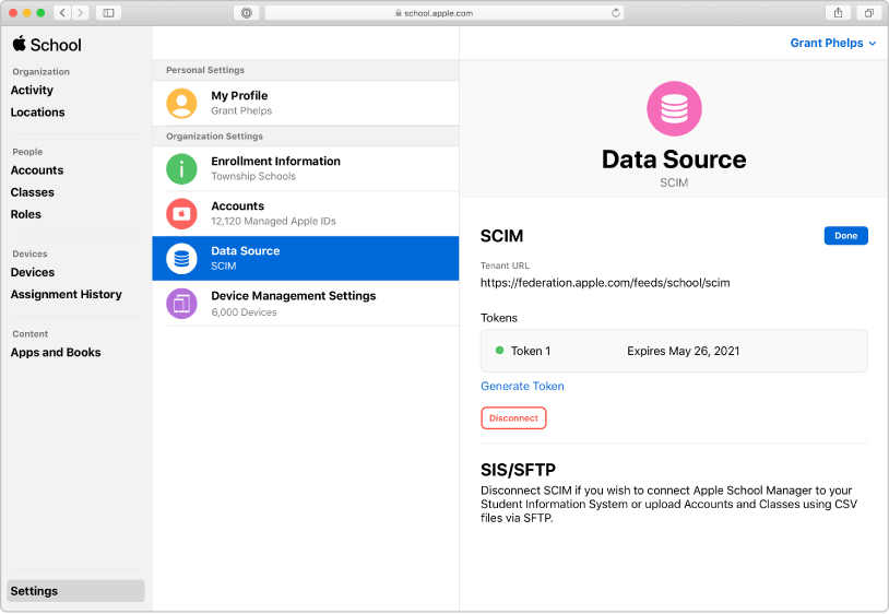 Sources des données Apple School Manager montrant une connexion à SCIM.