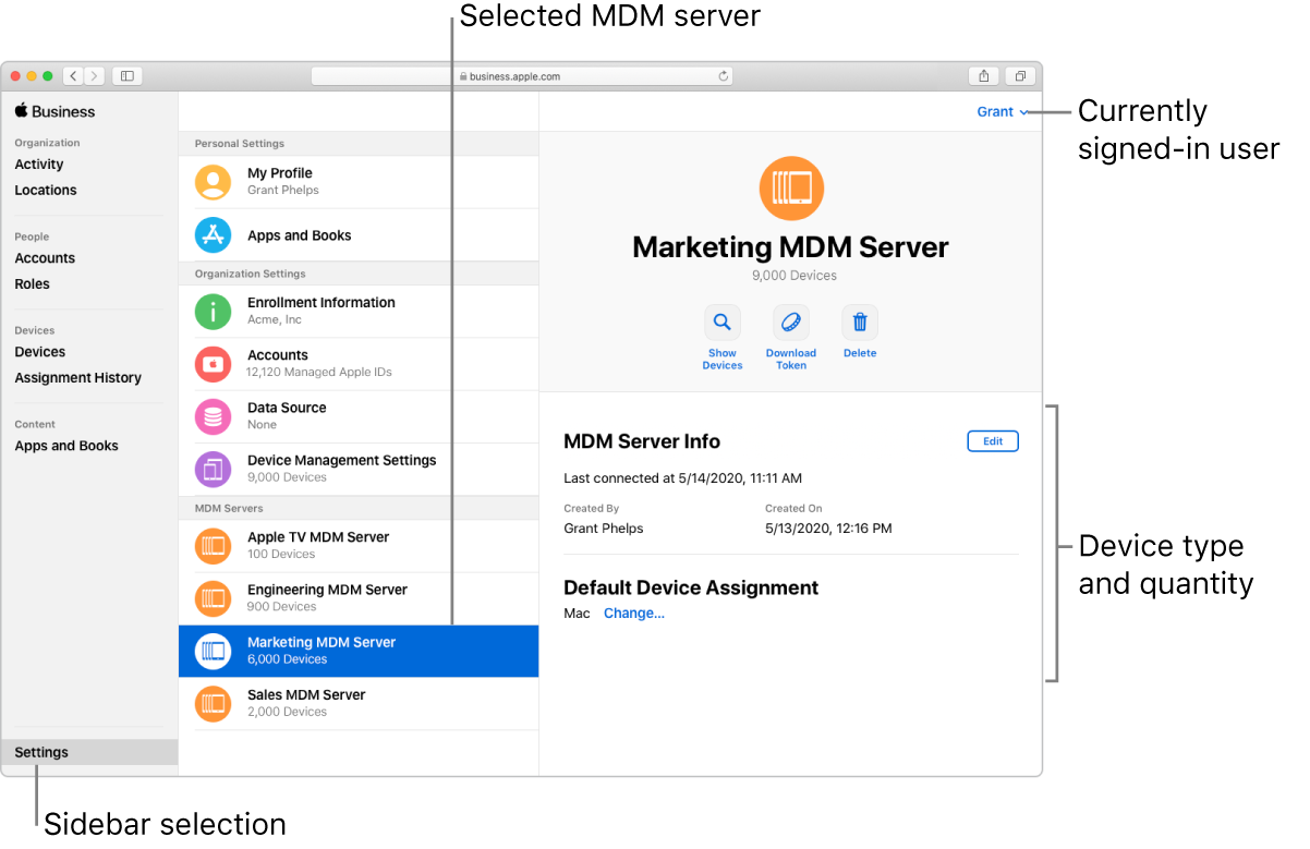 The Apple Business Manager window, with Settings selected in the sidebar. A selected server opens to information about that server.
