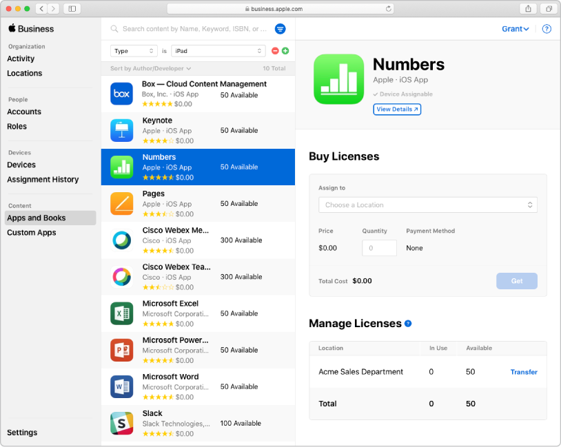 La ventana de Apple Business Manager que muestra la opción Apps y libros seleccionada en la sección Contenido de la barra lateral. El panel seleccionado se utiliza para comprar y administrar licencias para la app Numbers.