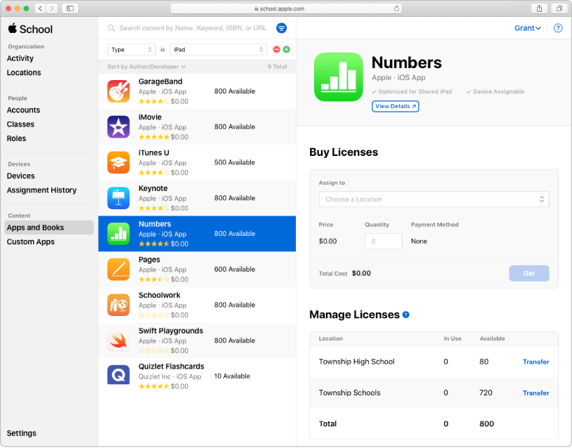 Fenêtre Apple School Manager avec Apps et livres sélectionné dans la barre latérale sous Contenu. La sous‑fenêtre sélectionnée sert à acheter et à gérer des licences pour l’app Numbers.