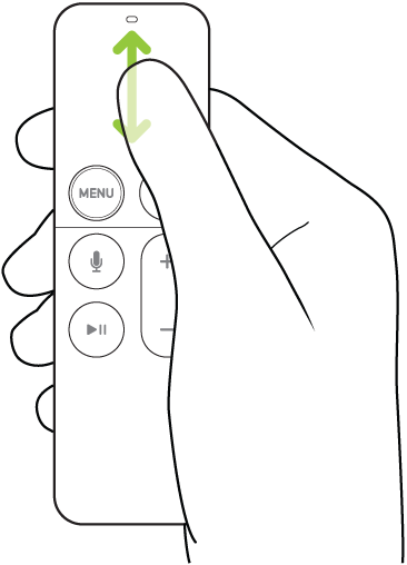 Илюстрация, показваща прелистване чрез сензорната зона на дистанционно Siri Remote (1-во поколение)