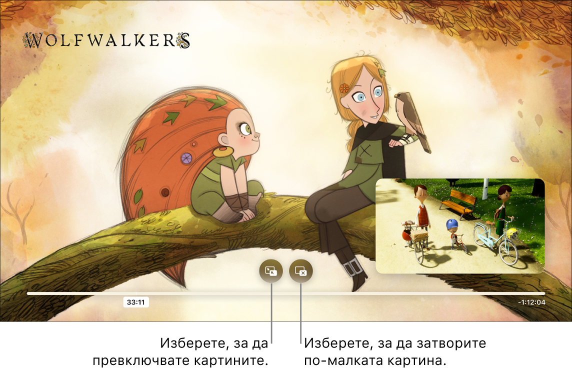 Бутони за управление на Picture in Picture (Картина в картината), изобразени върху линия на времето на възпроизвеждане