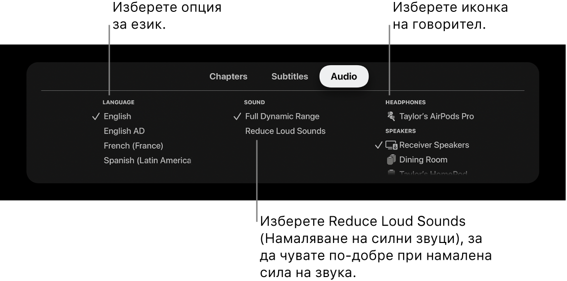 Меню Audio (Аудио) по време на възпроизвеждане