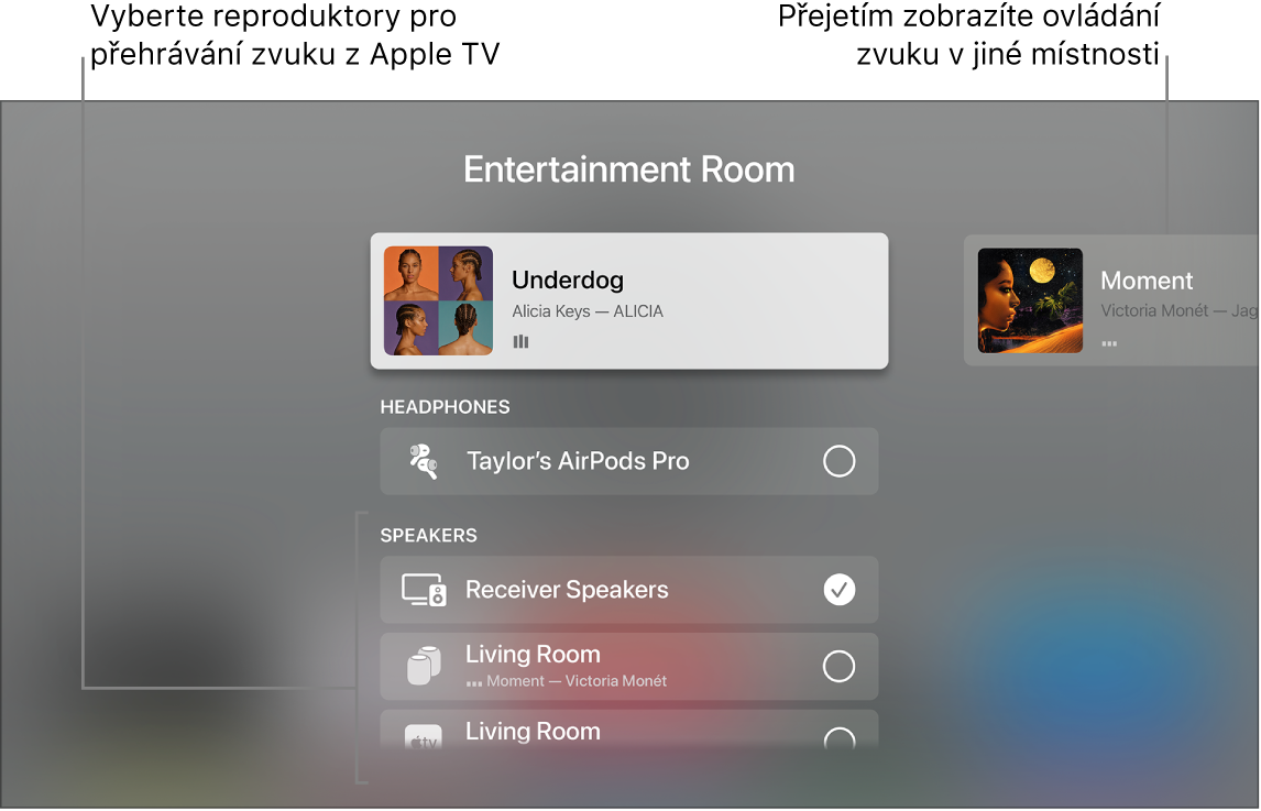 Zobrazení prvků pro ovládání zvuku v Ovládacím centru na obrazovce Apple TV