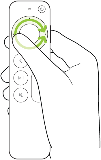 Ilustrace znázorňující krouživý pohyb prstu po obvodu clickpadu Siri Remote (2. generace); video se projíždí zpět nebo vpřed.
