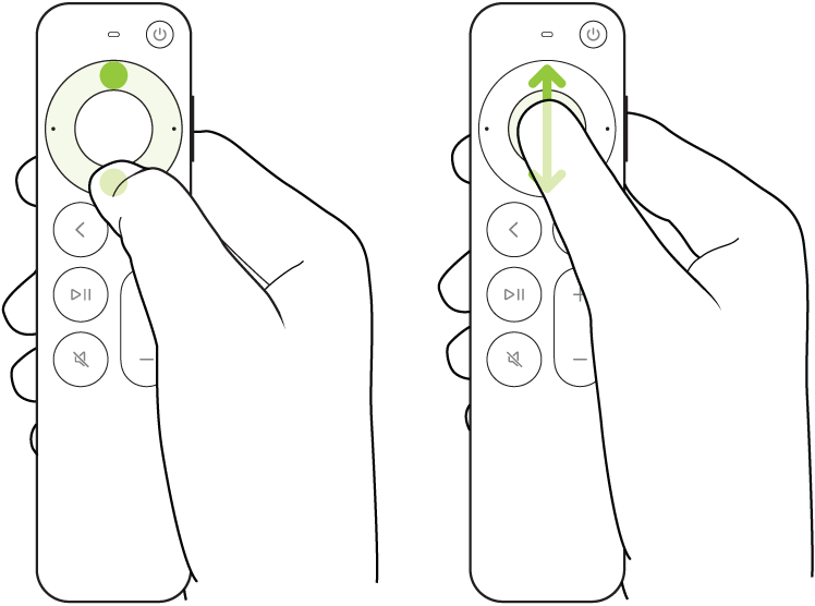 Ilustrace znázorňující krouživé přejíždění po obvodu clickpadu na ovladači Siri Remote (2. generace) a posouvání seznamu nahoru nebo dolů
