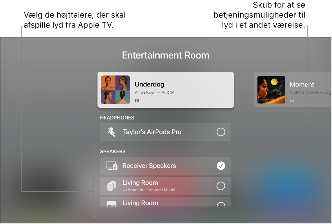 Skærm på Apple TV, der viser betjeningsmuligheder til lyd i Kontrolcenter