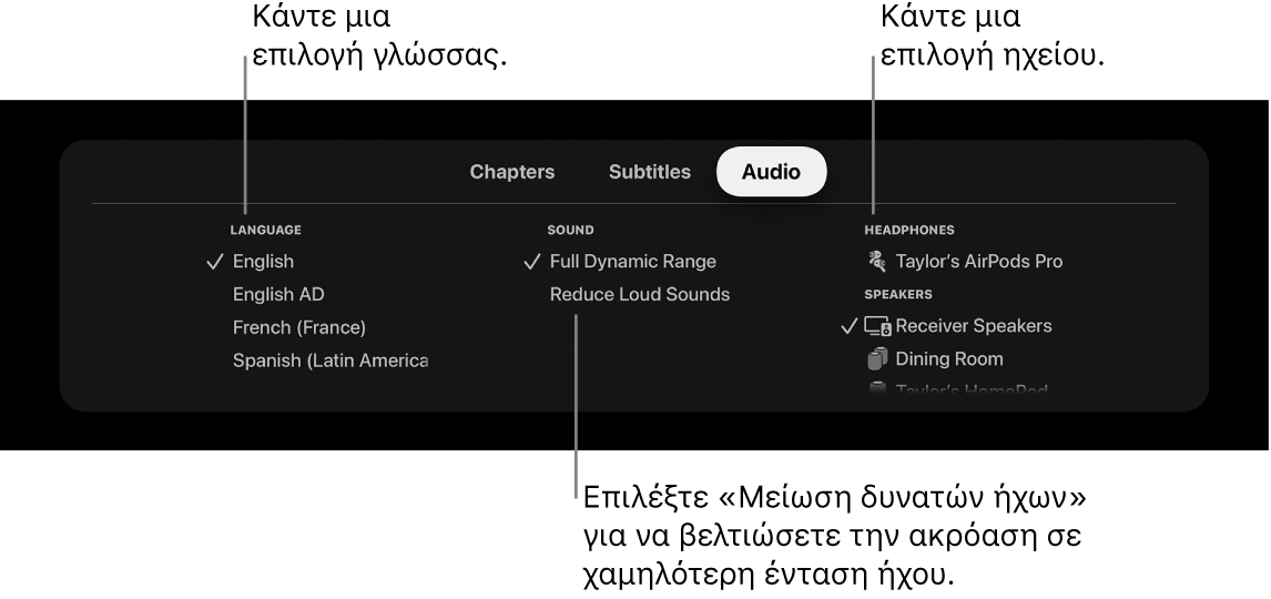 Οθόνη αναπαραγωγής που εμφανίζει το αναπτυσσόμενο μενού «Ήχος» και επιλεγμένη τη «Μείωση δυνατών ήχων»