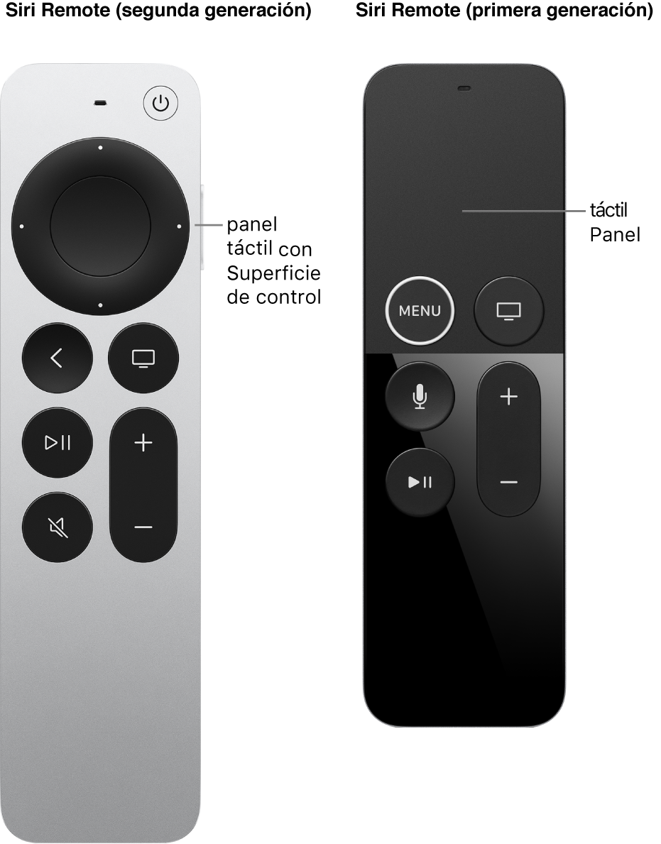 El Siri Remote (segunda generación) con superficie de control, y el Siri Remote (primera generación) con panel táctil
