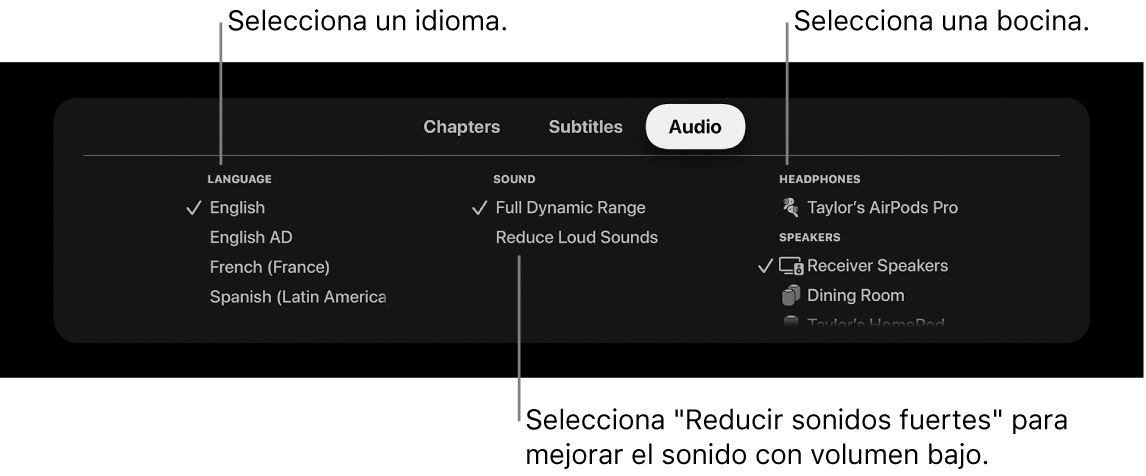 Pantalla de la reproducción mostrando el menú desplegable Audio con la opción “Reducir sonidos fuertes” seleccionada