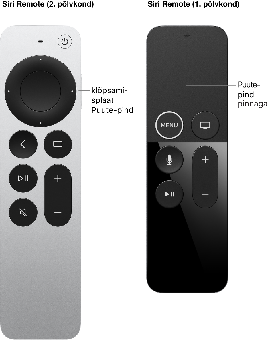 Siri Remote (2. põlvkond) klõpsamisplaadiga ning Siri Remote (1. põlvkond) puutepinnaga.