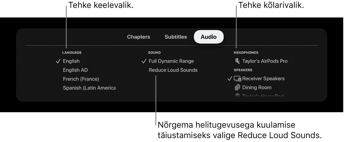 Taasesituse kuvas on Audio rippmenüüst valitud Reduce Loud Sounds