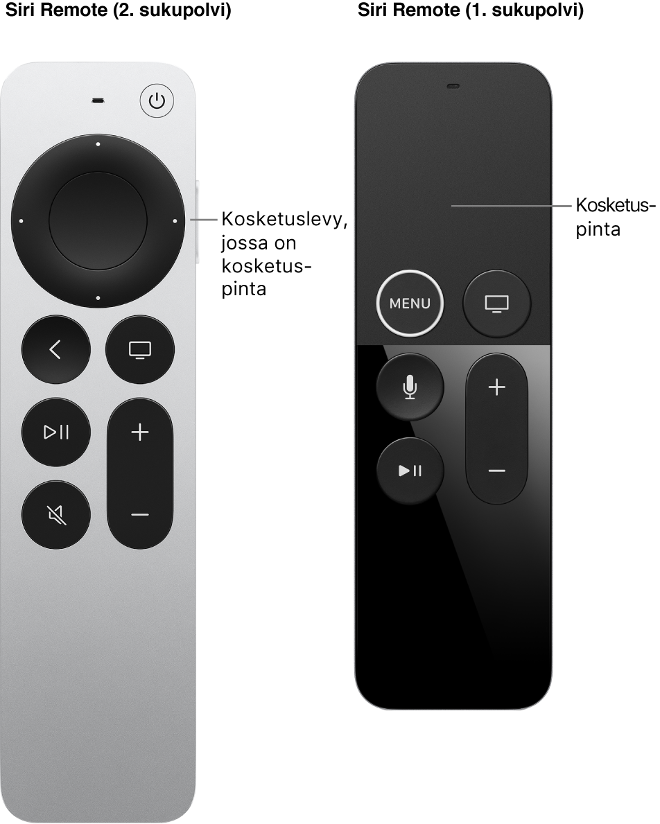 Siri Remote (2. sukupolvi), jossa on kosketuslevy, ja Siri Remote (1. sukupolvi), jossa on kosketuspinta