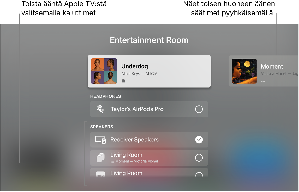 Apple TV ‑näyttö, jossa näkyvät Ohjauskeskuksen äänisäätimet