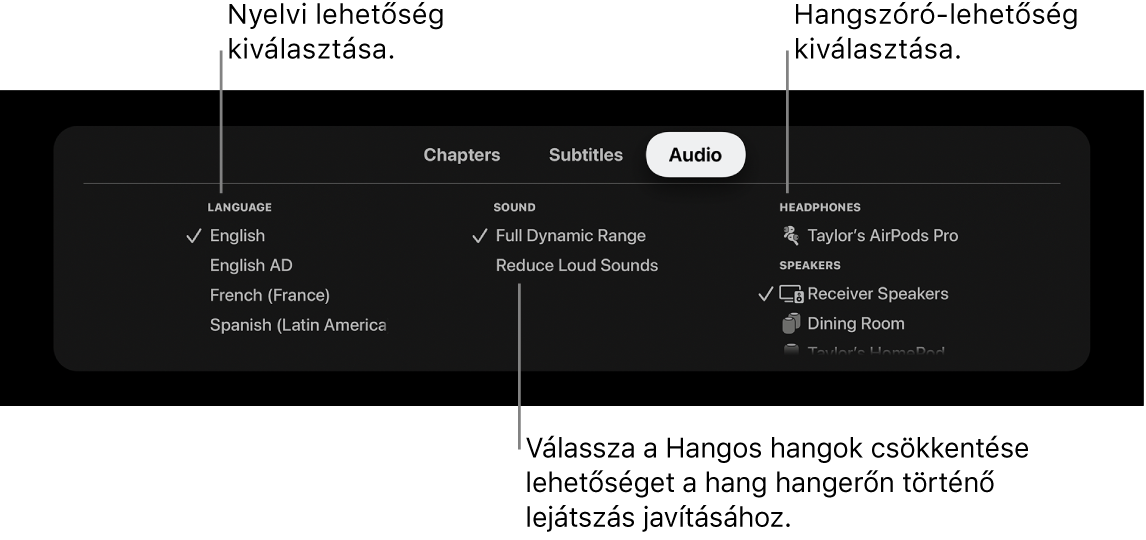 A lejátszási képernyő a Hang legördülő menüvel, amelyben a Hangos hangok csökkentése opció van kijelölve