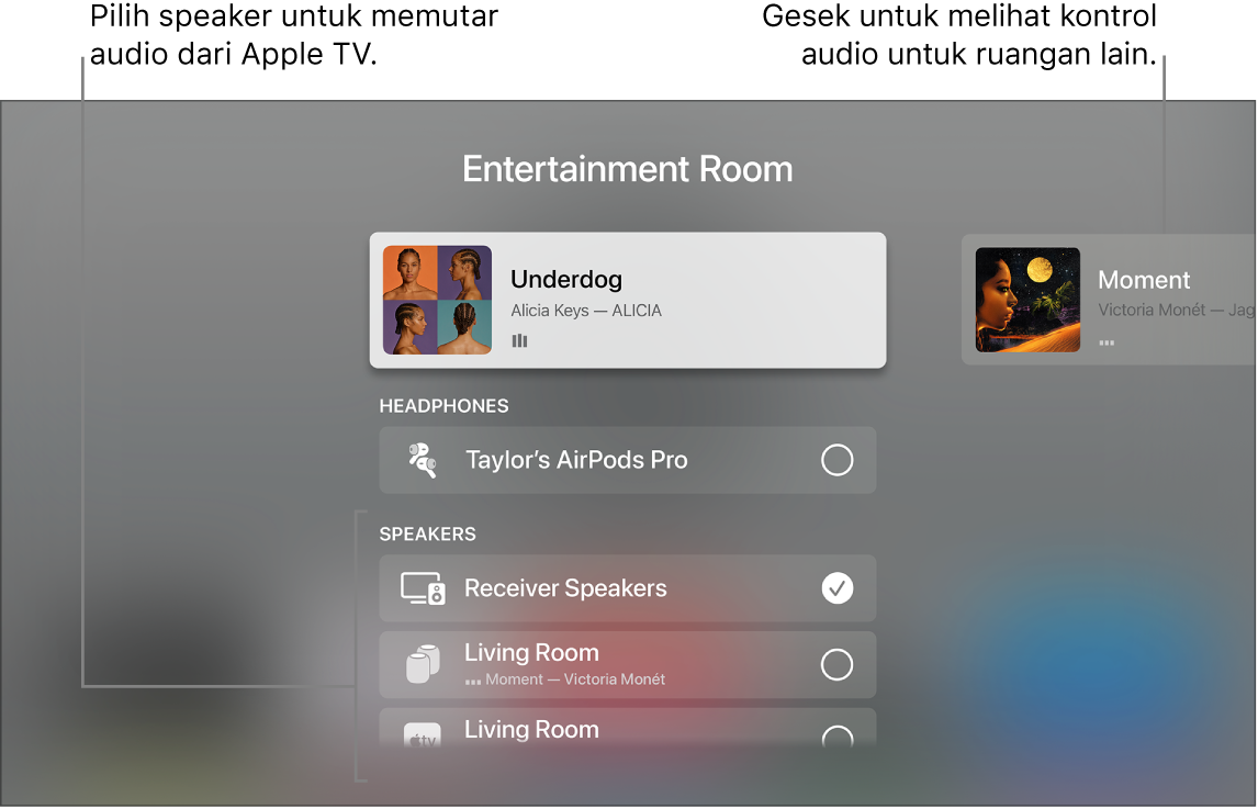 Layar Apple TV menampilkan tampilan kontrol audio Pusat Kontrol