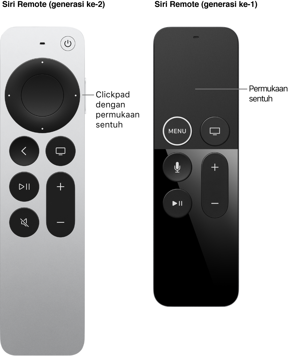 Siri Remote (generasi ke-2) dengan clickpad dan Siri Remote (generasi ke-1) dengan permukaan sentuh
