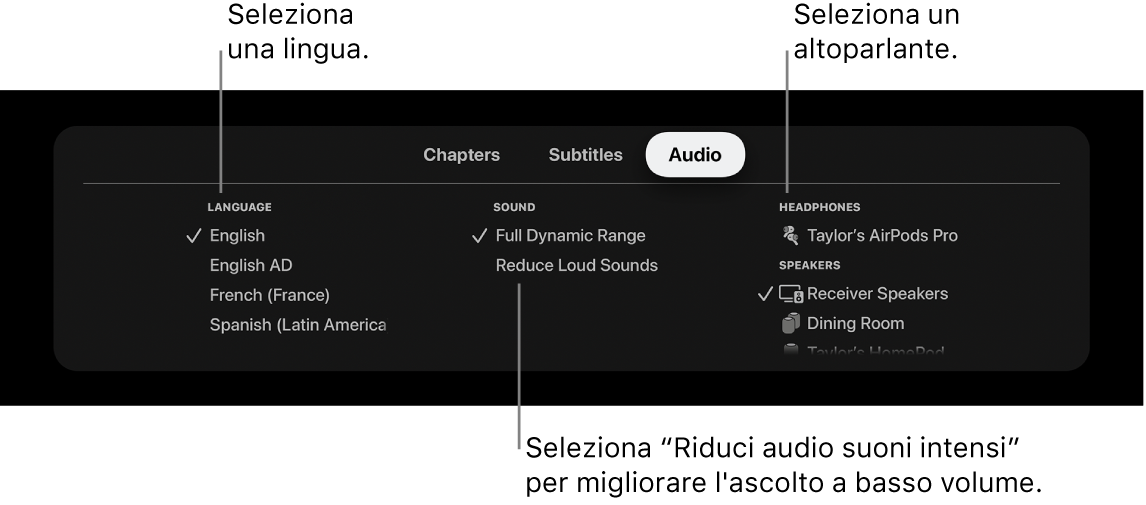 Schermata di riproduzione che mostra il pannello Audio e “Riduci audio suoni intensi” selezionato.