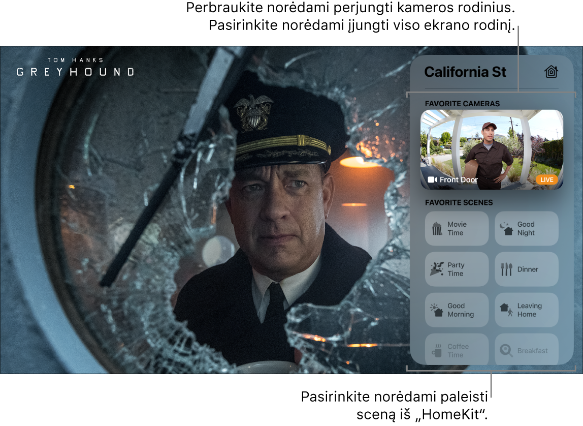 „Apple TV“ ekranas, kuriame pateikiamas „Control Center“ esantis „HomeKit“ rodinys